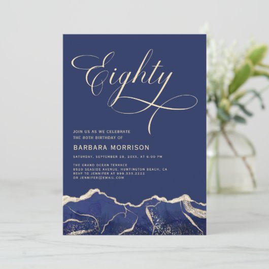 ネイビーブルー金ゴールドアゲート80th80誕生日パーティー 招待状 (スタンド正面)