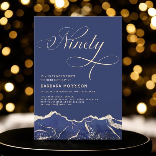 ネイビーブルー金ゴールドアゲート90th90誕生日パーティー 招待状