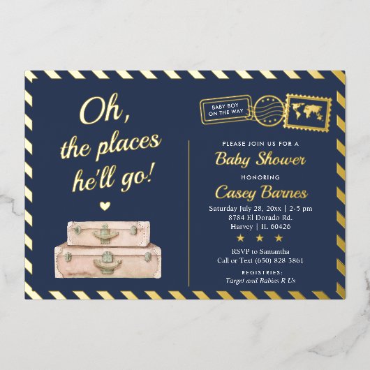 ネイビーブルー金ゴールドアドベンチャー男の赤ちゃんシャワー 箔招待状 (正面)