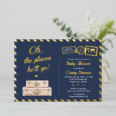 ネイビーブルー金ゴールドアドベンチャー男の赤ちゃんシャワー 箔招待状 (立ち正面)