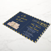 ネイビーブルー金ゴールドアドベンチャー男の赤ちゃんシャワー 箔招待状 (回転した状態)