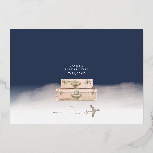 ネイビーブルー金ゴールドアドベンチャー男の赤ちゃんシャワー 箔招待状 (裏面)