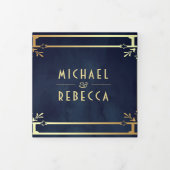 ネイビーブルー金ゴールドアールデコフォトコラージュ結婚ズ 三つ折り招待状 (カバー)