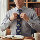 ネイビーブルー金ゴールドイエローマーメイドシーシェルパターン ネクタイ