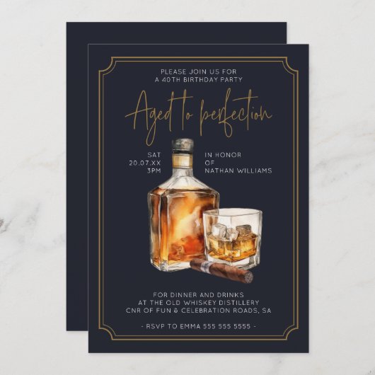 ネイビーブルー金ゴールドウイスキーボトル誕生日招待状 招待状 (正面/裏面)