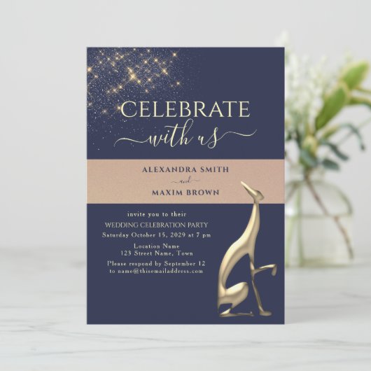 ネイビーブルー金ゴールドウェディングレセプション招待状 招待状 (スタンド正面)