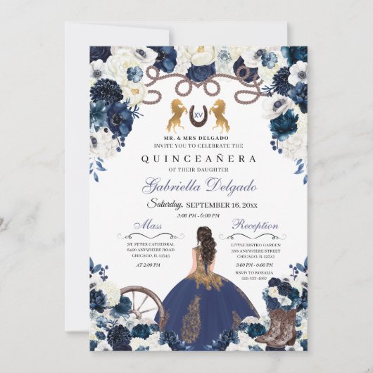 ネイビーブルー金ゴールドウエスタンチャラランチェロキンセアニェラ 招待状 (正面)