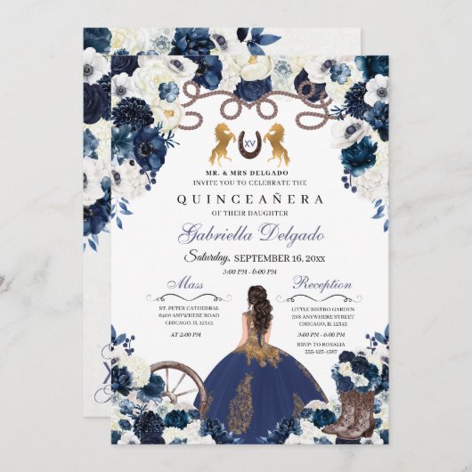 ネイビーブルー金ゴールドウエスタンチャラランチェロキンセアニェラ 招待状 (正面/裏面)