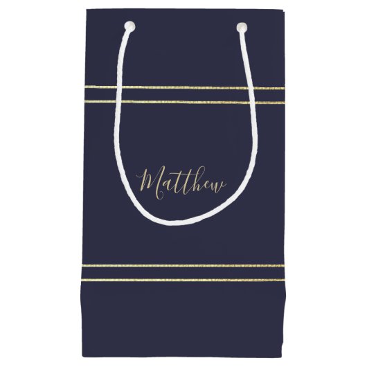 ネイビーブルー金ゴールドエレガントウェディング スモールペーパーバッグ (正面)