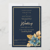 ネイビーブルー金ゴールドエレガントグリーン結婚フローラ 招待状 (正面)