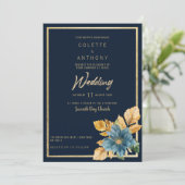 ネイビーブルー金ゴールドエレガントグリーン結婚フローラ 招待状 (スタンド正面)