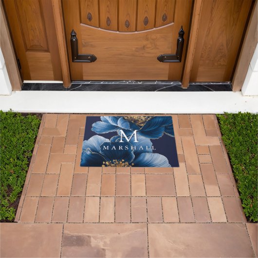 ネイビーブルー金ゴールドエレガントフローラモノグラムファミリー名 ドアマット (室外)