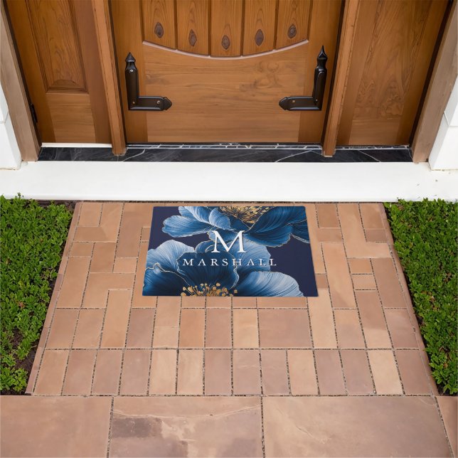 ネイビーブルー金ゴールドエレガントフローラモノグラムファミリー名 ドアマット (室外)