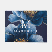ネイビーブルー金ゴールドエレガントフローラモノグラムファミリー名 ドアマット (正面)