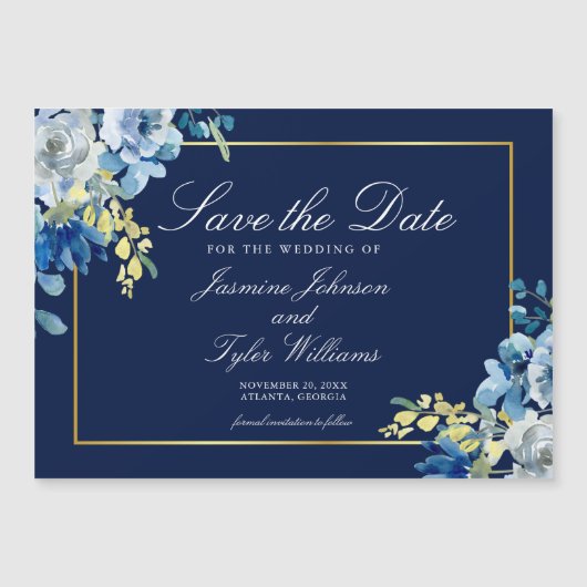 ネイビーブルー金ゴールドエレガントフローラ冬の日付を保存 マグネット招待状 (正面)