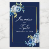 ネイビーブルー金ゴールドエレガントフローラ結婚夕べズミニ ワインラベル (シングルラベル)