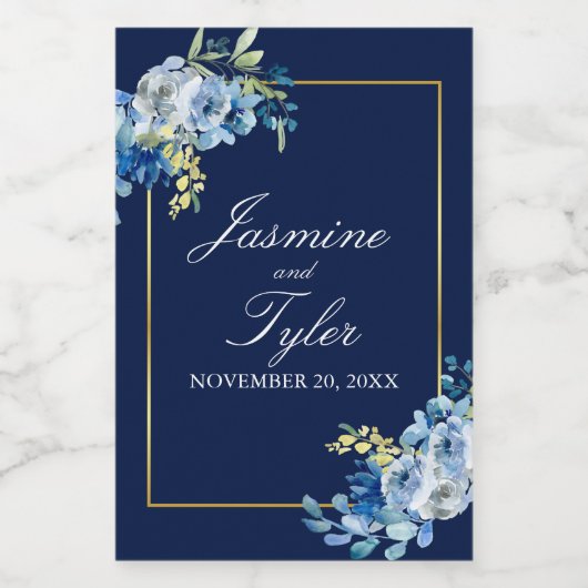 ネイビーブルー金ゴールドエレガントフローラ結婚夕べズミニ ワインラベル (シングルラベル)