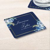 ネイビーブルー金ゴールドエレガントフローラ結婚夕べ スクエアペーパーコースター (アングル)