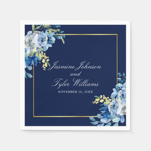 ネイビーブルー金ゴールドエレガントフローラ結婚夕べ スタンダードカクテルナプキン (正面)