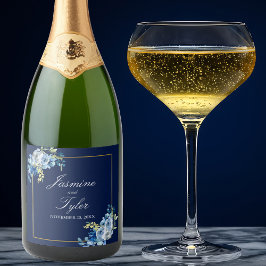 ネイビーブルー金ゴールドエレガントフローラ結婚夕べ スパークリングワインラベル