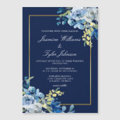 ネイビーブルー金ゴールドエレガントフローラ結婚夕べ マグネット招待状 (正面)