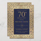 ネイビーブルー金ゴールドエレガントヴィンテージ70th誕生日パーティー 招待状 (正面/裏面)