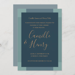 ネイビーブルー金ゴールドエレガント結婚モダンターコイズ 招待状