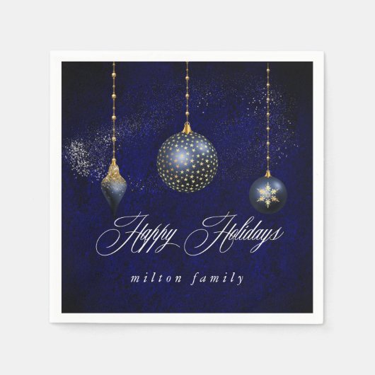 ネイビーブルー金ゴールドオーナメントエレガントホリデー紙 スタンダードカクテルナプキン (正面)