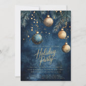 ネイビーブルー金ゴールドオーナメントボードクリスマスホリデー 招待状 (正面)