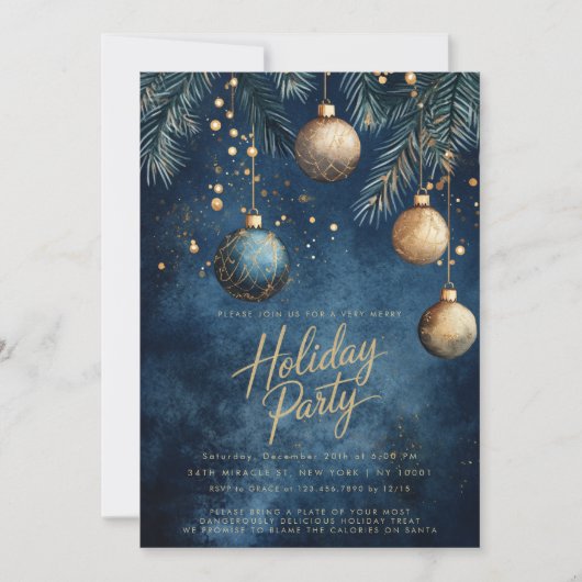 ネイビーブルー金ゴールドオーナメントボードクリスマスホリデー 招待状 (正面)