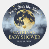 ネイビーブルー金ゴールドオーバーザムーンベイビーシャワーステッカー ラウンドシール (正面)