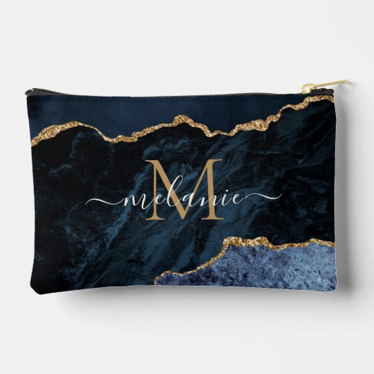 ネイビーブルー金ゴールドカスタム大理石の文字と名前 アクセサリーポーチ (裏面)