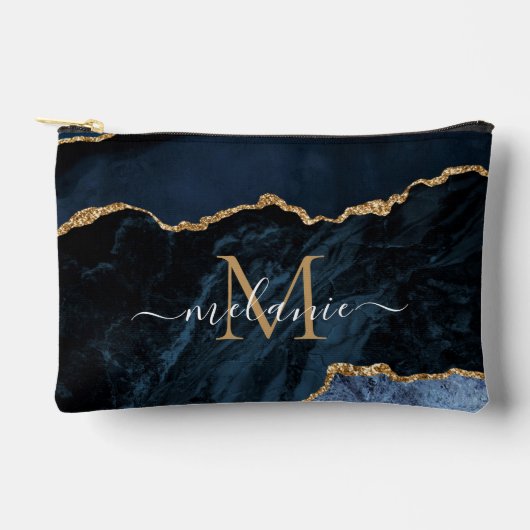 ネイビーブルー金ゴールドカスタム大理石の文字と名前 アクセサリーポーチ (正面)