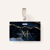 ネイビーブルー金ゴールドカスタム大理石レターネームバッジ バッジ (裏面クリップ)