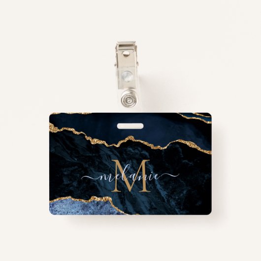 ネイビーブルー金ゴールドカスタム大理石レターネームバッジ バッジ (裏面クリップ)