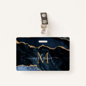 ネイビーブルー金ゴールドカスタム大理石レターネームバッジ バッジ (正面クリップ)