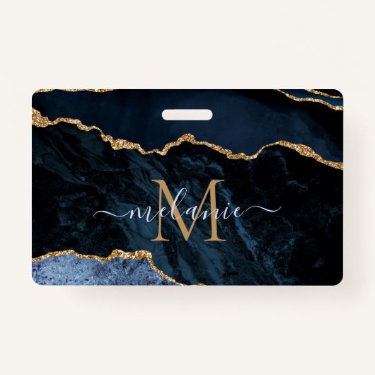 ネイビーブルー金ゴールドカスタム大理石レターネームバッジ バッジ (裏面)