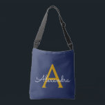 ネイビーブルー金ゴールドガーリースクリプトモノグラム名モダン クロスボディバッグ<br><div class="desc">金ゴールドとネイビーブルーの記念日、赤ちゃんシャワーまたはバチェロレッテギフトを愛する誰かのための豪華でシックなスタイル。</div>