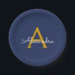 ネイビーブルー金ゴールドガーリースクリプトモノグラム名モダン ペーパープレート<br><div class="desc">金ゴールドとネイビーブルーモノグラム独自の名前を追加スクリプトパーティープレート。これは、最高の甘い16歳の誕生日、結婚ブライダルシャワー、記念日、赤ちゃんシャワーまたはバチェロレッテギフトを作る誰かがグラームの豪華さとシックなスタイルを愛する。</div>