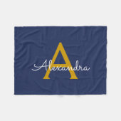 ネイビーブルー金ゴールドガーリーモノグラム名モダン フリースブランケット (正面(横))