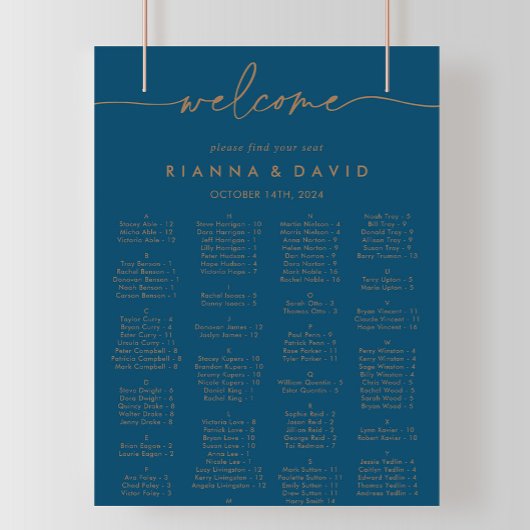 ネイビーブルー金ゴールドクラシックアルファベット座席表 ポスター