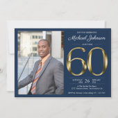 ネイビーブルー金ゴールドクラスフォト60thバースデーパーティー 招待状 (正面)