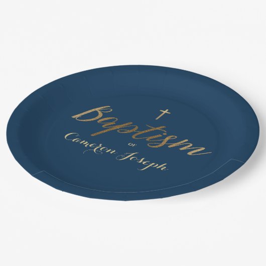 ネイビーブルー金ゴールドクロスカスタム男の赤ちゃんバプティスマ ペーパープレート (アングル)