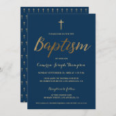 ネイビーブルー金ゴールドクロスカスタム男の赤ちゃんバプティスマ 招待状 (正面/裏面)