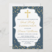 ネイビーブルー金ゴールドクロスグリッターファーストホーリーコミュニオン 招待状 (正面)