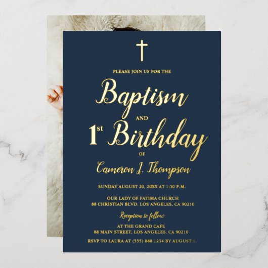 ネイビーブルー金ゴールドクロスバプテスマ1歳の誕生日フォト 箔シーズンカード (正面/裏面)