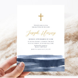 ネイビーブルー金ゴールドクロスボーイズバプテスマ《キリスト教》洗礼式や命名式 招待状
