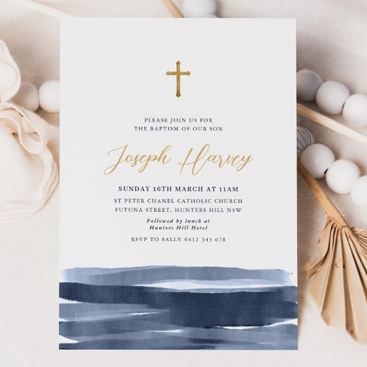 ネイビーブルー金ゴールドクロスボーイズバプテスマ《キリスト教》洗礼式や命名式 招待状