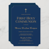 ネイビーブルー金ゴールドクロスボーイファースト聖餐式 招待状 (正面/裏面)