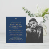 ネイビーブルー金ゴールドクロスボーイファースト聖餐式 招待状 (スタンド正面)